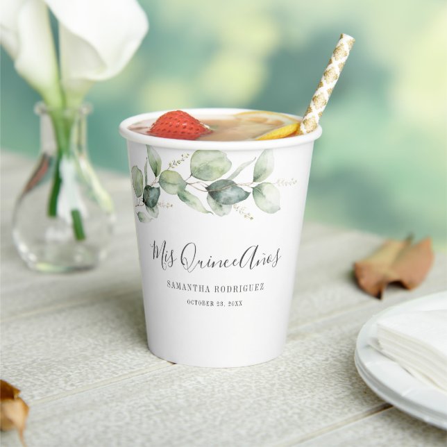 15th Birthday Eucalyptus Greenery Quinceanera Paper Cups (Insitu)