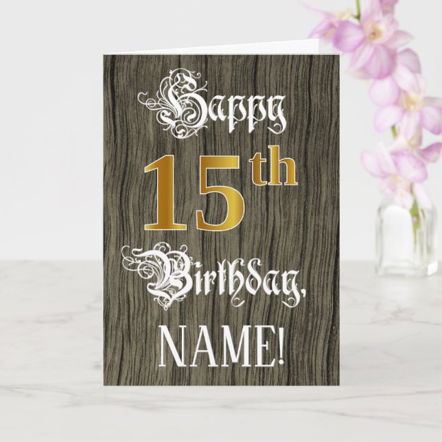 15th Birthday: Faux Gold Look + Faux Wood Pattern Card (Orchid)