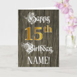 [ Thumbnail: 15th Birthday: Faux Gold Look + Faux Wood Pattern Card ]