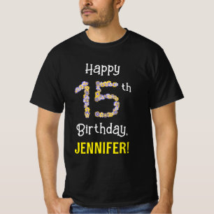 15th Birthday: Floral Flowers Number “15” + Name T-Shirt