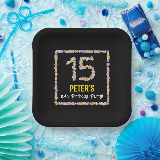 15th Birthday: Floral Flowers Number, Custom Name Paper Plates (Party)