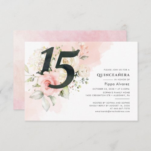 15th Birthday Floral Pink Quinceanera Botanical Invitation