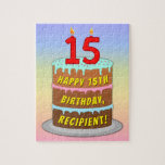 [ Thumbnail: 15th Birthday: Fun Cake and Candles + Custom Name Jigsaw Puzzle ]