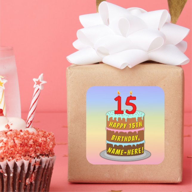 15th Birthday: Fun Cake and Candles + Custom Name Square Sticker (Party)