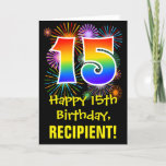 [ Thumbnail: 15th Birthday: Fun Fireworks Pattern + Rainbow 15 Card ]