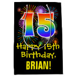 [ Thumbnail: 15th Birthday: Fun Fireworks Pattern + Rainbow 15 Gift Bag ]