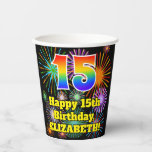 [ Thumbnail: 15th Birthday: Fun Fireworks Pattern + Rainbow 15 Paper Cups ]