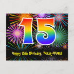 [ Thumbnail: 15th Birthday – Fun Fireworks Pattern + Rainbow 15 Postcard ]