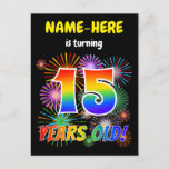 [ Thumbnail: 15th Birthday - Fun Fireworks, Rainbow Look "15" Postcard ]