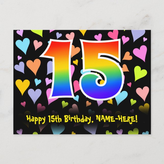 15th Birthday: Fun Hearts Pattern, Rainbow 15 Postcard (Front)