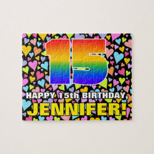 15th Birthday — Fun, Loving Heart Shapes + “15” Jigsaw Puzzle
