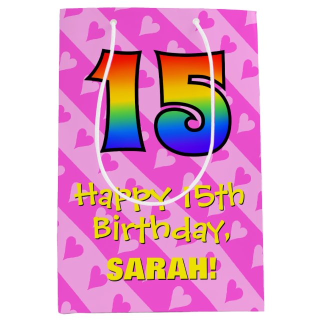 15th Birthday: Fun Pink Hearts Stripes; Rainbow 15 Medium Gift Bag (Front)