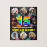 [ Thumbnail: 15th Birthday: Fun Rainbow #, Custom Name + Photos Jigsaw Puzzle ]