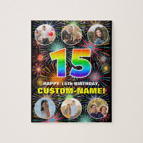 15th Birthday Fun Rainbow  Custom Name  Photos Jigsaw Puzzle