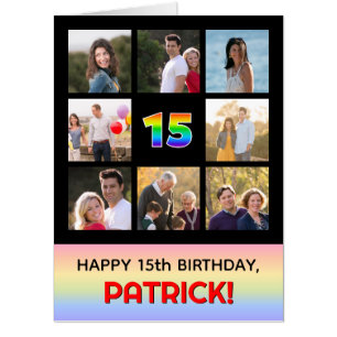 15th Birthday: Fun Rainbow #, Custom Photos & Name Card