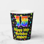 [ Thumbnail: 15th Birthday: Fun Stars Pattern and Rainbow 15 Paper Cups ]