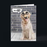 15th Birthday Funny Golden Retriever Card<br><div class="desc">Golden retriever wearing a funny mustache mask on gray brick wall and wood floor with speech bubble for 15th birthday.
Can be changed for any age birthday. Text is editable.</div>