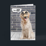 15th Birthday Funny Golden Retriever Card<br><div class="desc">Golden retriever wearing a funny mustache mask on gray brick wall and wood floor with speech bubble for 15th birthday.
Can be changed for any age birthday. Text is editable.</div>