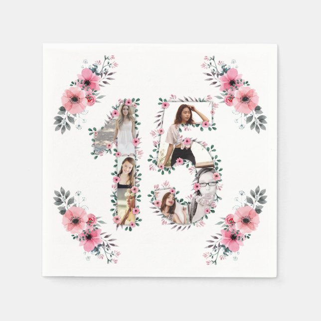 15th Birthday Girl Flower Photo Collage White Napkins (Front)