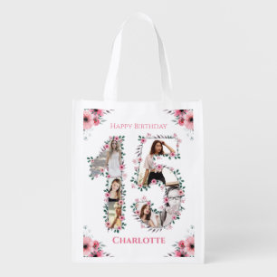 15th Birthday Girl Photo Collage Pink Flower White Grocery Bag