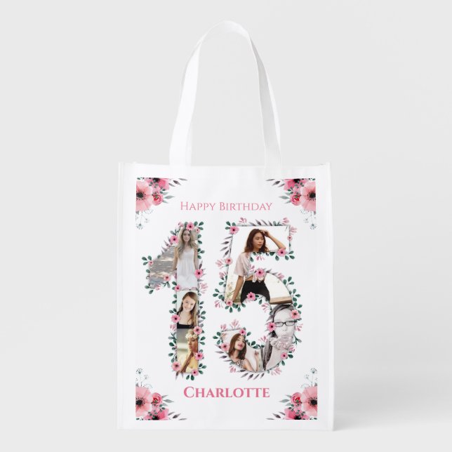 15th Birthday Girl Photo Collage Pink Flower White Grocery Bag (Front)