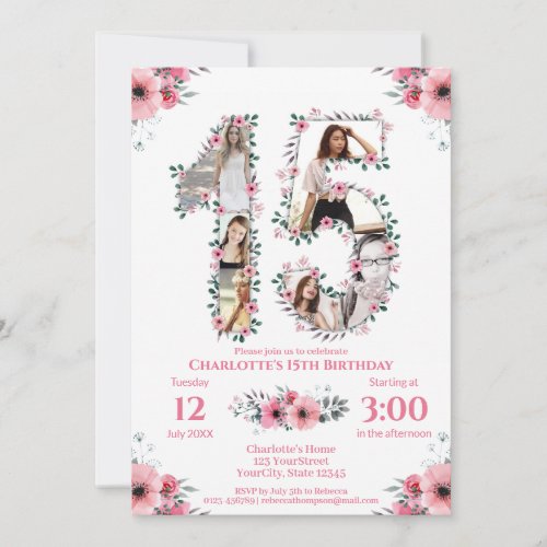 15th Birthday Girl Photo Collage Pink Flower White Invitation