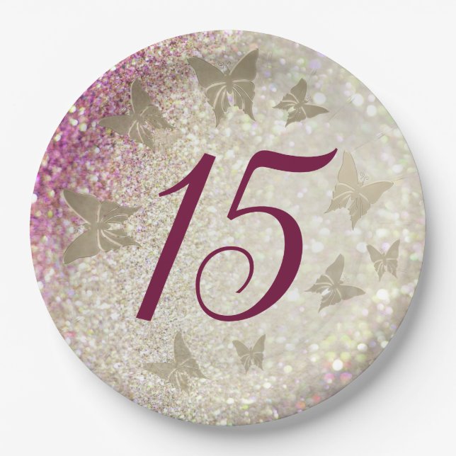 15th Birthday Glitter Pink Paper Plates (Front)