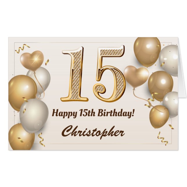 15th Birthday Gold Balloons Confetti Extra Large Card (Front Horizontal)