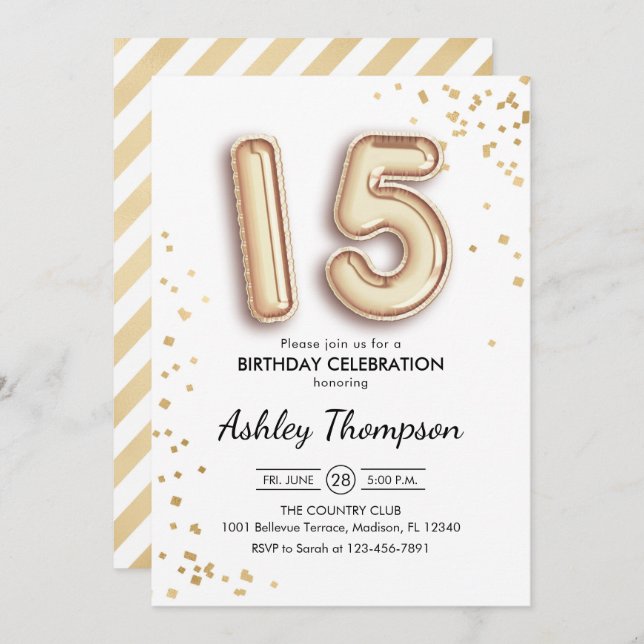 15th Birthday - Gold Balloons Invitation (Front/Back)
