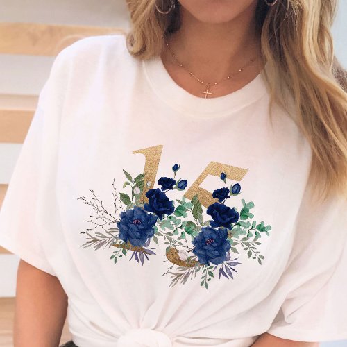 15th Birthday Gold Floral Number 15 Blue Rose T_Shirt