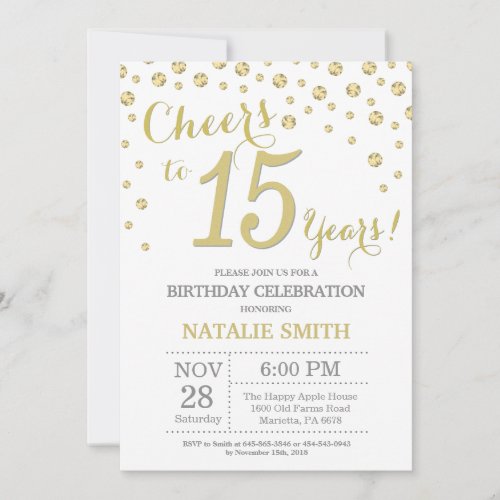 15th Birthday Gold Glitter Diamond Invitation