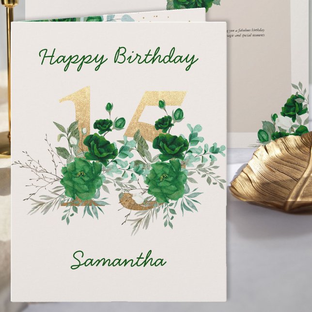 15th Birthday Gold Number 15 Floral Personalized Card (15th Birthday Card from the Royal Rose Emerald Green Quinceanera Collection by Darling & May)