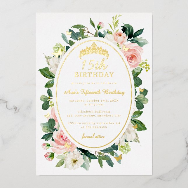 15th Birthday Gold Pink Butterfly Floral  Foil Invitation (Front)