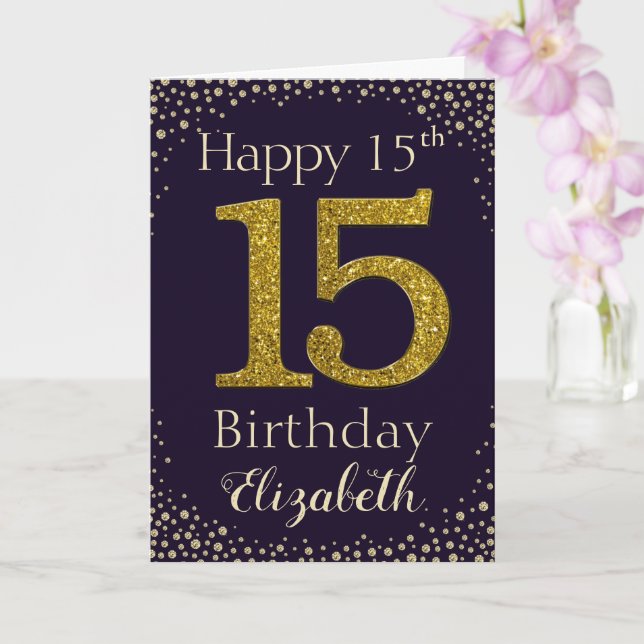 15th Birthday Golden Glitter Card (Orchid)