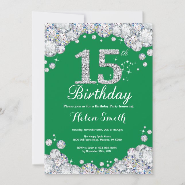 15th Birthday Green and Silver Diamond Invitation (Front)