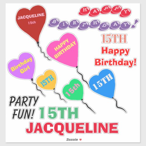 15th Birthday Heart Balloons Personalized Vinyl Sticker