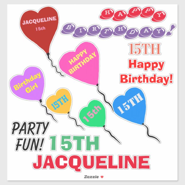 15th Birthday Heart Balloons Personalized Vinyl Sticker (Sheet)