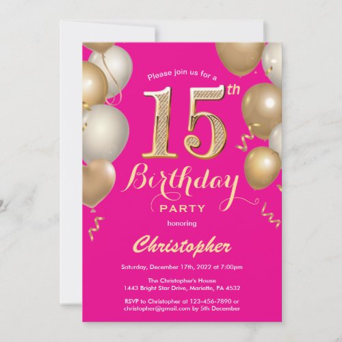 15th Birthday Hot Pink and Gold Balloons Confetti Invitation