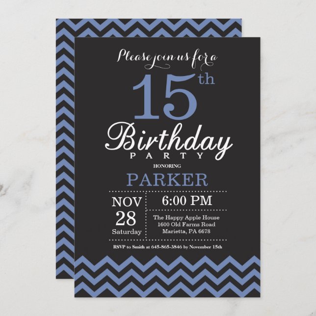 15th Birthday Invitation Black and Blue (Front/Back)