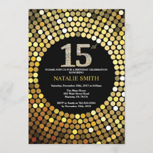 15th Birthday Invitation Black and Gold Glitter
