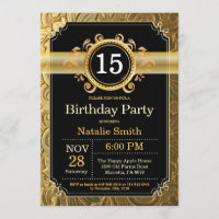 15th Birthday Invitation Black and Gold Glitter