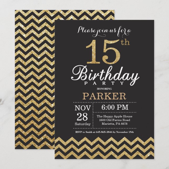 15th Birthday Invitation Black and Gold Glitter (Front/Back)