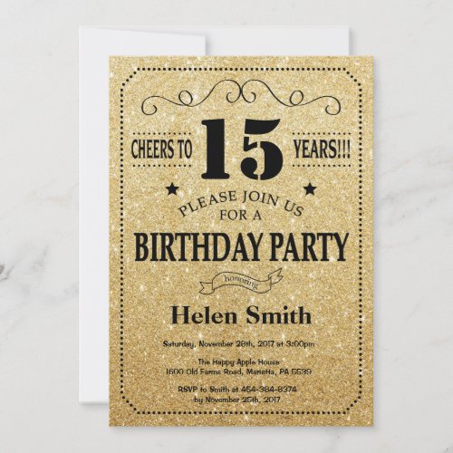 15th Birthday Invitation Black and Gold Glitter