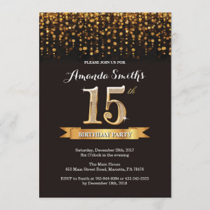 15th Birthday Invitation Black and Gold Glitter