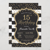 15th Birthday Invitation. Black and Gold Glitter Invitation (Front/Back)