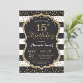 15th Birthday Invitation. Black and Gold Glitter Invitation (Standing Front)