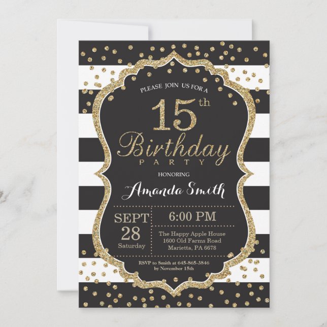 15th Birthday Invitation. Black and Gold Glitter Invitation (Front)