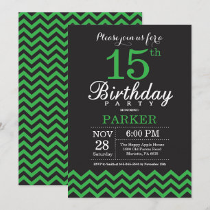 15th Birthday Invitation Black and Green Chevron