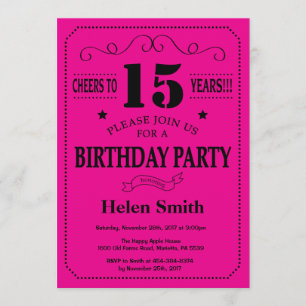 15th Birthday Invitation Black and Hot Pink