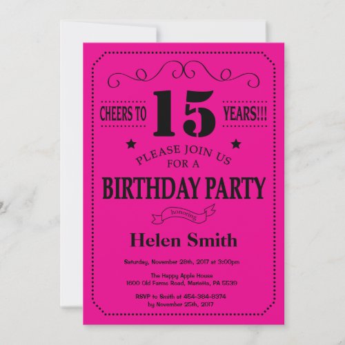 15th Birthday Invitation Black and Hot Pink